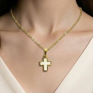 Stainless steel Gold Cross Pendant Necklace with White Pearl Inlay